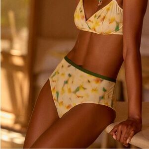 Anthropologie LyreBird Stretch Satin Colorful Bra and Brief Set with Green Trim